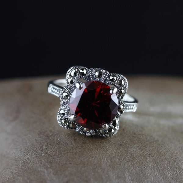 

cluster rings genuine solid 925 sterling silver vintage retro for women garnet citrine natural gemstone elegant fine jewelry, Golden;silver