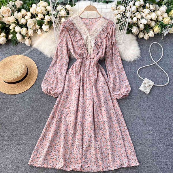 

singreiny women spring floral dress french sweet lace v neck puff sleeve aline dress bohemian print vacation midi long dresses 210419, Black;gray