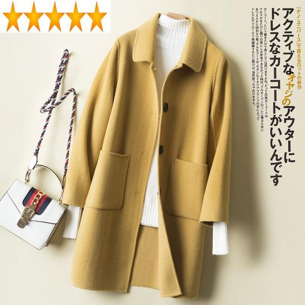 

women's wool & blends female 2021 spring fall double-sided long coat black yellow jacket korean ladies coats 0714 kj2394