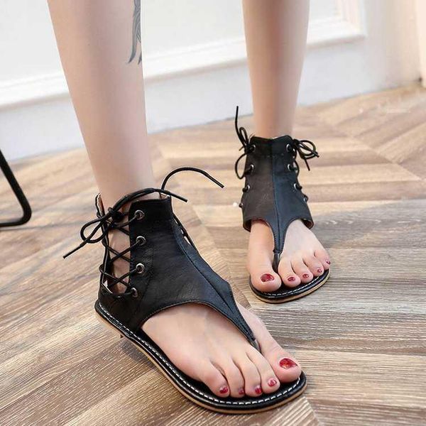 

sandals summer women shoes vintage gladiator flip-flops for beach leather flat sandalias mujer, Black