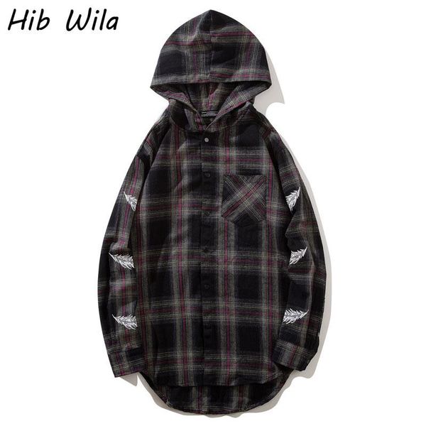 

men's casual shirts fashion 2021 long sleeve checkered shirt hooded with embroidery 100%cotton oversized printed feather, White;black