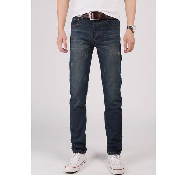 

men's jeans four seasons clothing mid-waist distressed cotton basic korean style trend straight-leg slim trousers, Blue