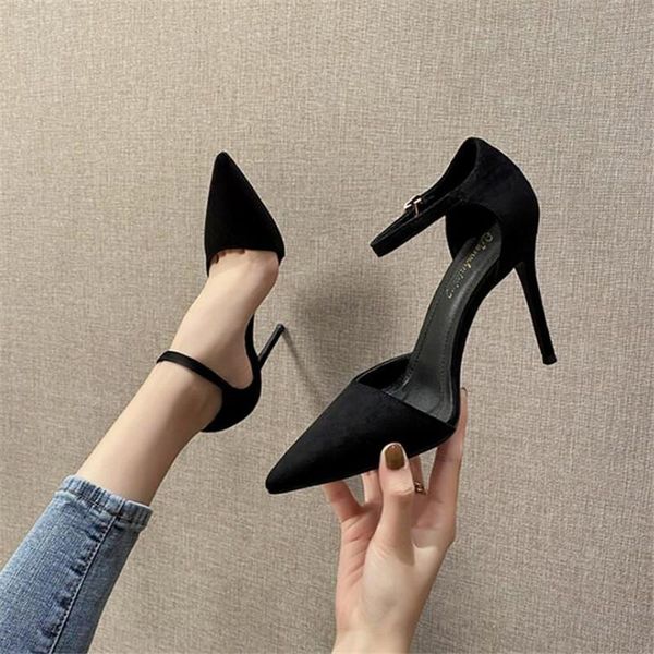 

dress shoes women high heels pointed toe sandals ankle strap thin heel ladies pumps 6cm 8cm slingback mary jane, Black