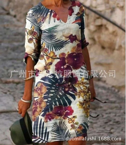 

spring leisure city women's pullover medium sleeve v-neck print dress, Black;gray