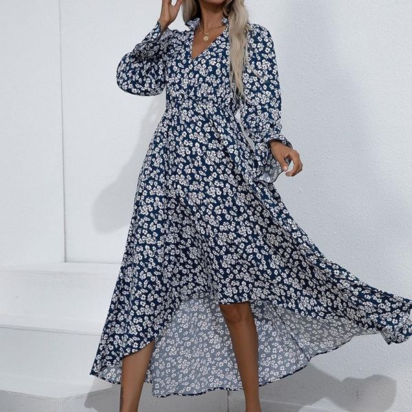 

casual dresses women's floral printed long dress bohemian sleeve v neck single breasted elegant beach for women, Black;gray