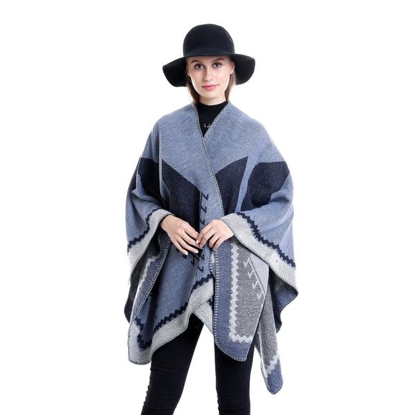 

scarves 40# vintage patchwork scarf shawl wrap women cape knitting polyester satin warm elegant, Blue;gray