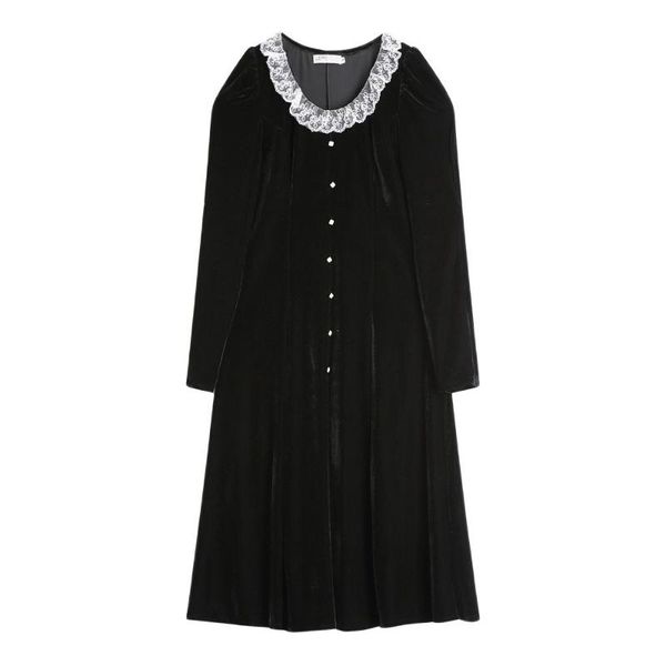 

casual dresses black dress 2021 autumn french women retro elegant gold velvet female v-neck lace stitching long sleeve vestidos, Black;gray