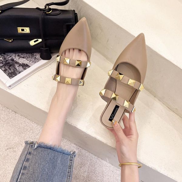 

sandals flats women shoes 2021 spring autumn fashion rivet slippers designer pointed toe dress slides pu leather flip flops, Black