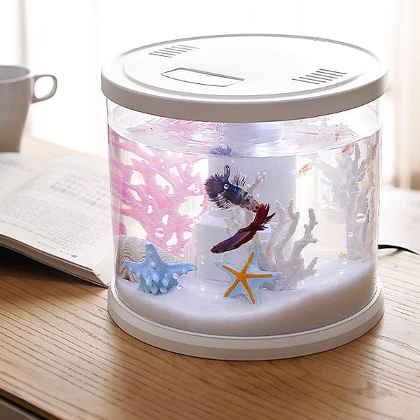 

aquariums landscape white fish tank plastic led light transparent cylinder office aquaculture peceras aquarium decor ei50yg