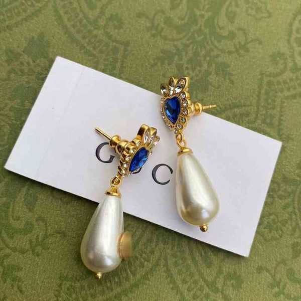 

2023 designer new family gujia fashion blue inlaid rhinestone letter double tassel pearl earrings, Golden