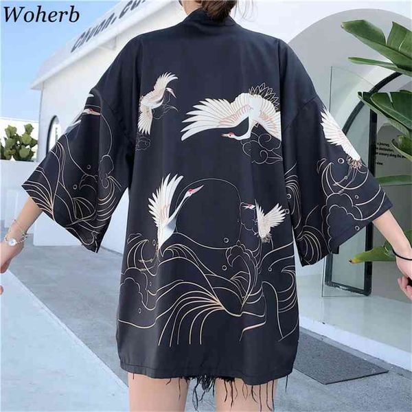 Kimono japonês mulheres harajuku camisas bordadas blusas soltas tops casuais cosplay com cinto 210519