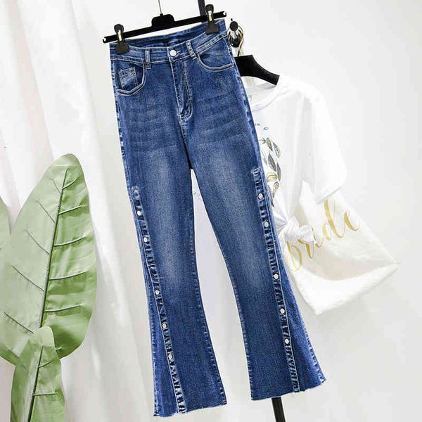 

jeans 2021 women's upper waist breeches fit fine buttons to the full length 4, Blue