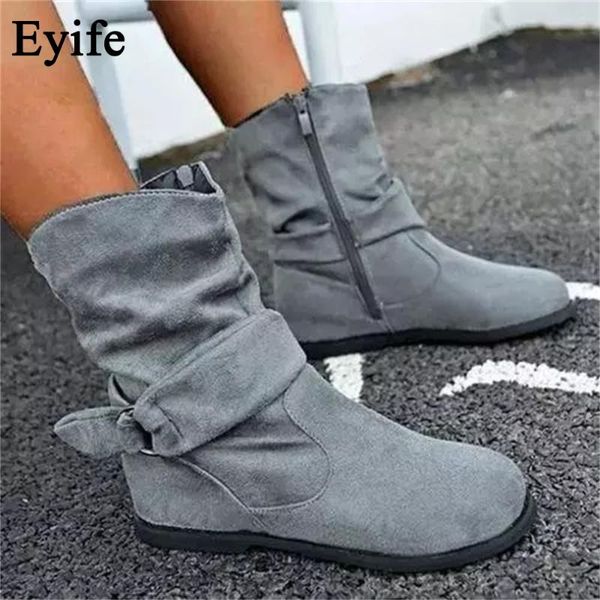 

boots women flat autumn winter retro buckle ladies warm snow shoes close toe larged-size 35-43 female casual mid calf, Black