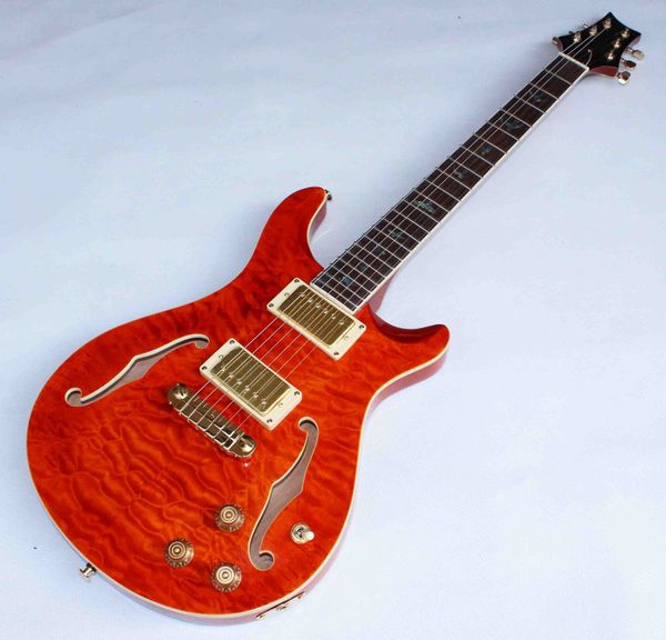 En Kaliteli PR Smith Özel 24 Yarı-Hollow Vücut Elektro Gitar Kırmızı Alev Akçaağaç Guitarra Uçan Kuşlar Klavye Kakma