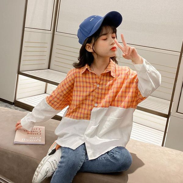 

fashion 2021 spring blouses for teenage girls plaid patchwork shirts kids cotton loose clothing children casual blouse girl, White;black