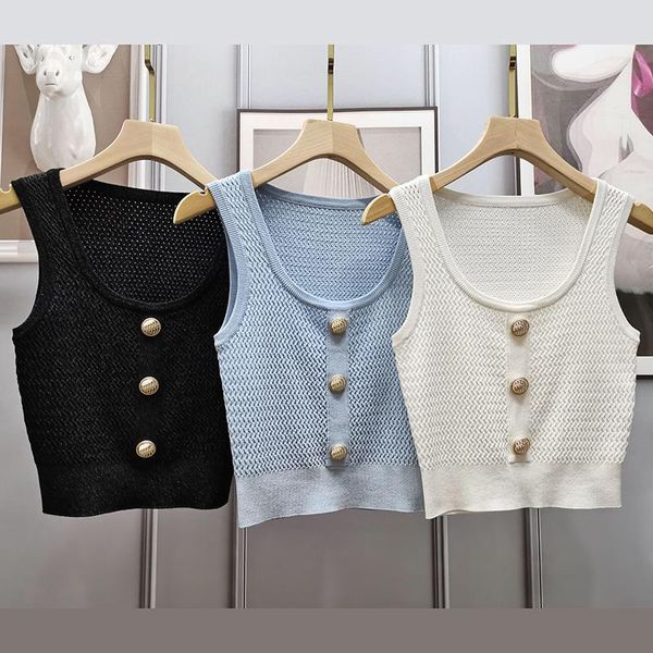 

black blue white knitted vest for women square neck sleeveless pullover button short tank lady 2021 women's tanks & c