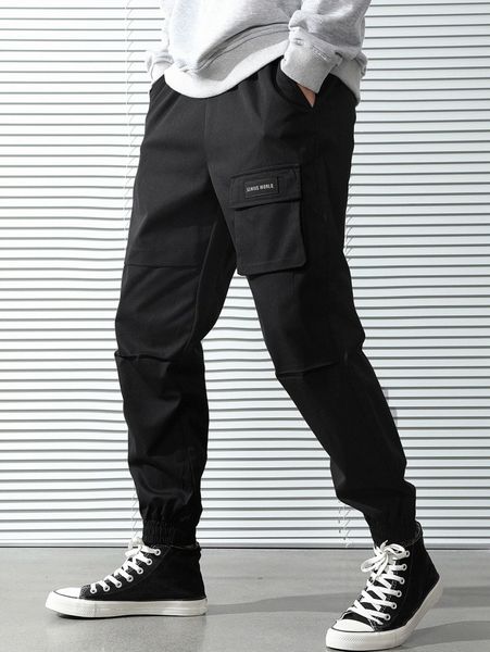 

men letter patched detail flap pocket drawstring waist joggers u6eu#, Black