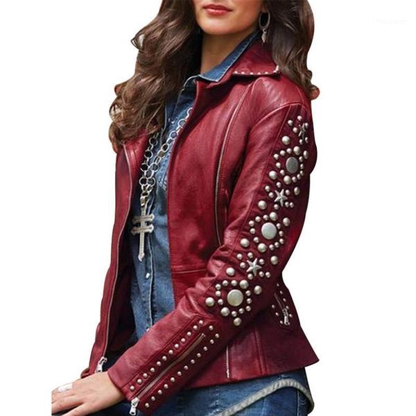 

women's jackets 2021 women autumn winter faux soft leather coats lady black pu rivet zipper epaulet 3d print motorcycle streetwear, Black;brown