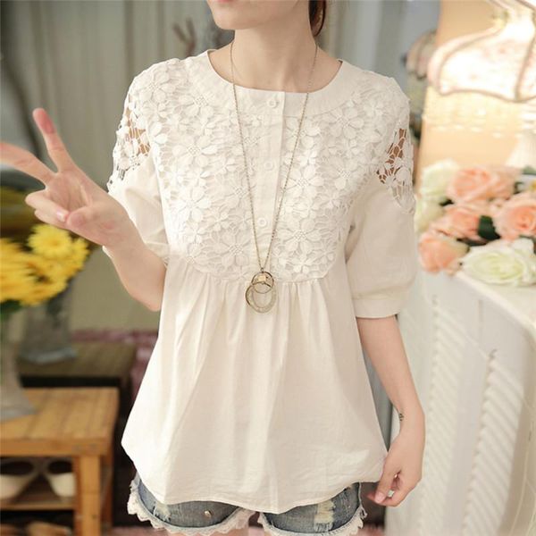 

women's blouses & shirts 2021 summer women blouse retro embroidered cotton linen white shirt lace hollow out loose literary thin blusa