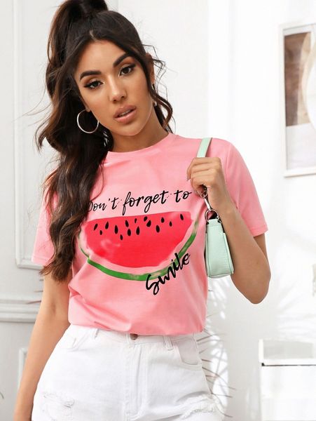 

watermelon & slogan graphic tee t3v5#, White