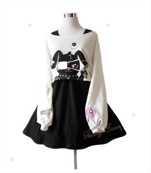 

kawaii black rabbit gloomy bunny women dress 2 pc set harajuku style, White
