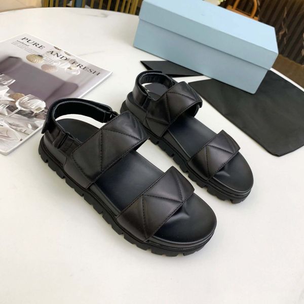 

thick bottom slippers triangle bandage sell well summer flats real leather platform shoes ladies beach shoe slides waterfront sandal womens, Black