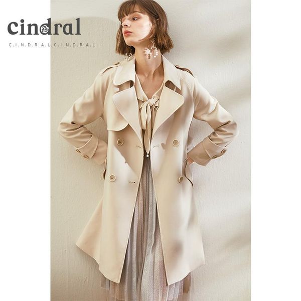 

women's trench coats 2021 spring and autumn windbreaker mid-length lapel tie double-breasted temperament jacket, Tan;black