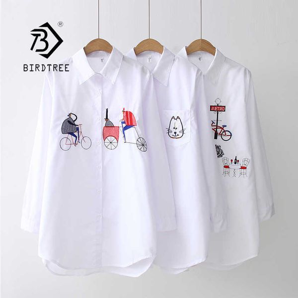 

white shirt casual wear button up turn down collar long sleeve cotton blouse embroidery feminina t8d427m 210721