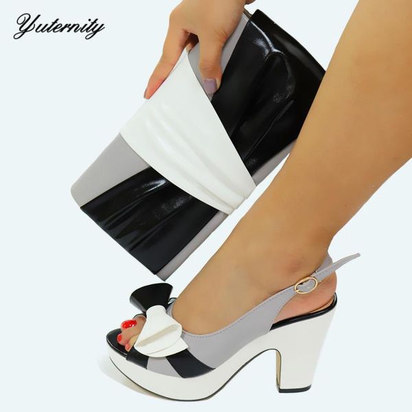 

dress shoes summer pu leather sandals and bags to match set african decoration with bowknot high heels bag for party, Black