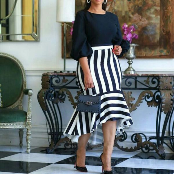 

party dresses spring and summer women's clothes african temperament lantern sleeve stripe print stitching cocktail dress, White;black