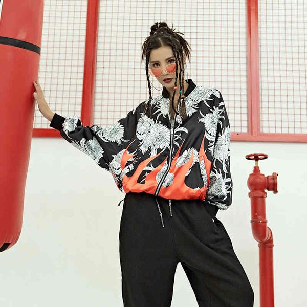 

jackets spring and autumn hip hop women's flower baseball uniform bat sleeve cardigan harajuku coat color tide brand flame, Black;brown