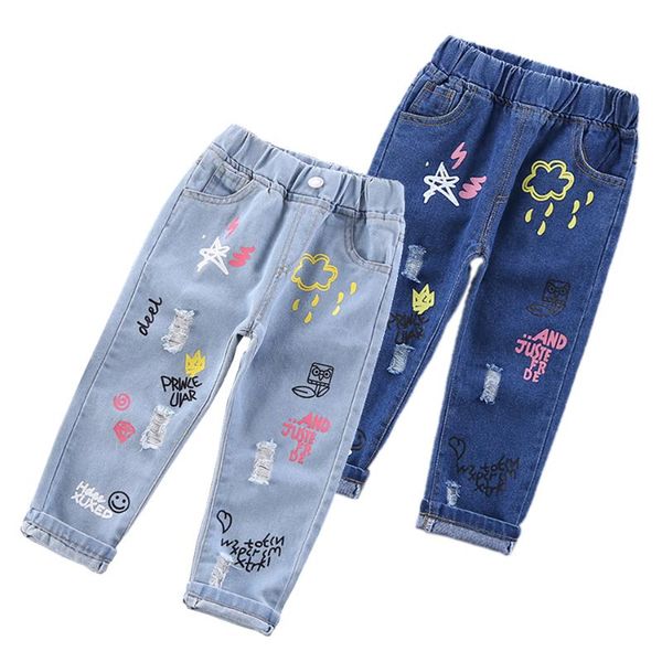 

jeans kids girl floral cartoon long pants spring autumn graffiti painting print casual trousers with hole jyf, Blue