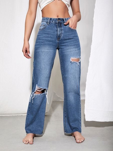 

ripped raw hem straight leg jeans j1is#, Blue