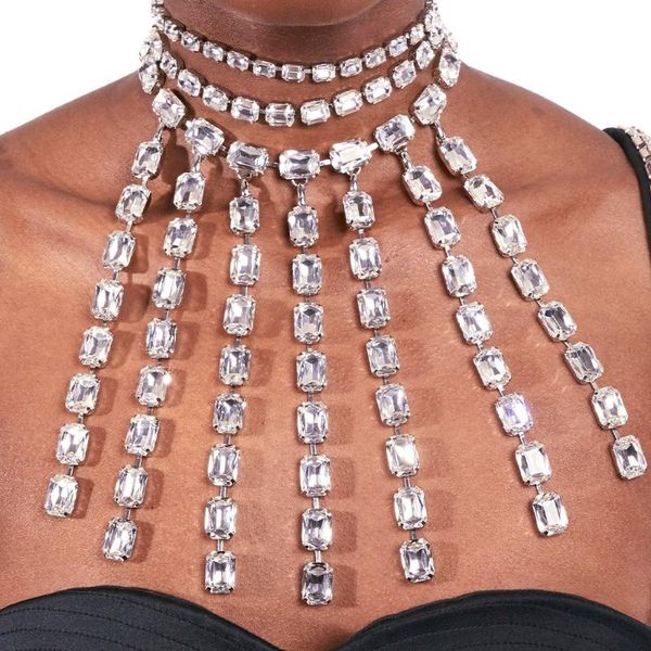 

chains stonefans long tassel crystal collar chain necklace multi layers exaggerated rhinestone choker neckalce women halloween jewelry, Silver