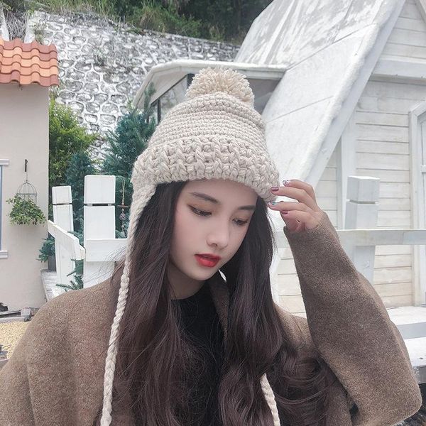 

beanie/skull caps cute beanies for women winter warm 100% hand knitting hat wool cap female students hair ball ear protection travel outdoor, Blue;gray