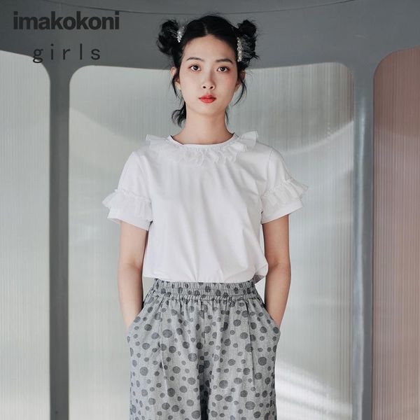 

imakokoni white cotton pull frame lace short-sleeved wild slim slimming t-shirt female summer women's
