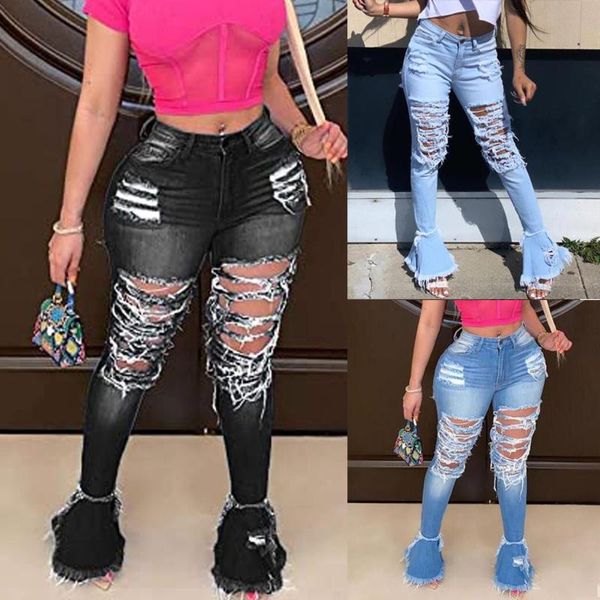 

women fashion button pocket hole high waist pants ladies casual skinny slim flares full length jeans vaqueros mujer women's, Blue