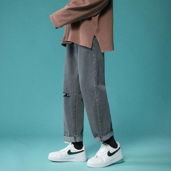 

men's jeans ripped korean style straight fashion loose streetwear hip-hop wide-leg trousers, Blue