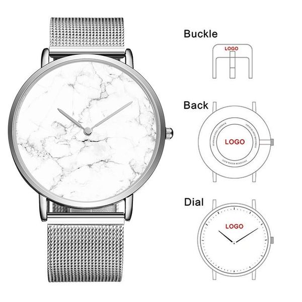 

silver marble dial stainless steel mesh japanese quartz company brand name personal trademark custom logo men watches wristwatches, Slivery;brown