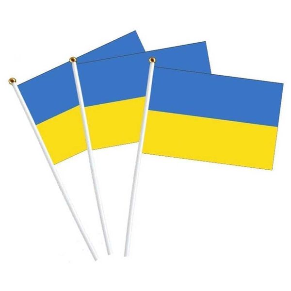 5,5 x 8,5 Zoll 14 x 21 cm, Handflagge der Ukraine mit weißem Stab, Blau, Gelb, Frieden, Ukrainisch, lebendige Farben und lichtbeständig, Landesbanner, nationale Wimpelkette, Flaggen, T38QKEI