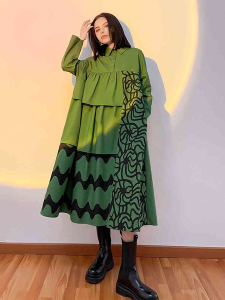 

Korean green fashion sleeve mori girl loose high quality long dress plied, Black;gray