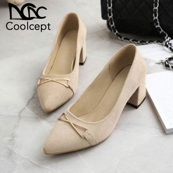 

dress shoes coolcept spring autumn women pumps fashion pointed toe thick heel modern flock office work footwear size 31-43, Black