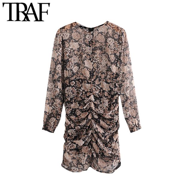 TRAF Mulheres Moda Fenda Metálica Impressão Floral Plissado Mini Vestido Vintage Manga Longa Com Forro Feminino Vestidos Mujer 210415