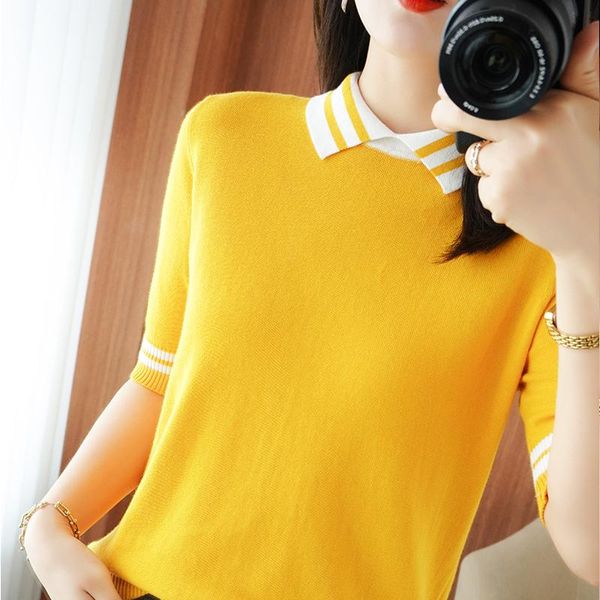 

women's t-shirt spring and summer style 100% pure cotton short-sleeved ladies doll collar knitted vest plus size casual pullover, White