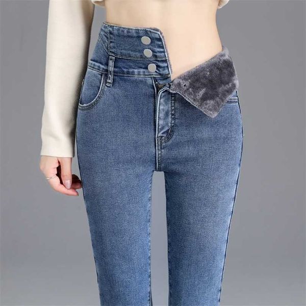 Зимние женщины утолщены стрейч тощий флис джинсы женщина высокая талия кнопка черные теплые джинсы леди старинные джинсовые карандаш корейские штаны 2111112