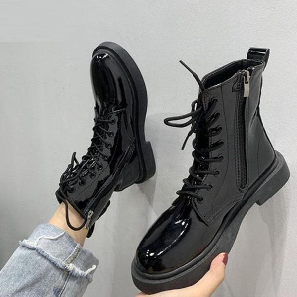 

boots autumn winter women patent leather retro short casual waterproof platform motorcycle shoes, Black