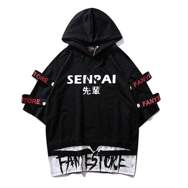 Fita camiseta senpai manga curta t-shirts Hip Hop Casual Oversize Top Tees Streetwear Homme Tees Atacado Homens Roupas 210409