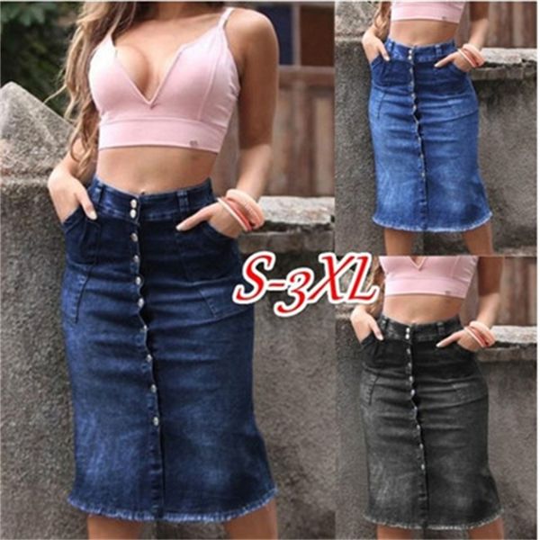 

skirt long skirts, skirt women's jeans in the summer with button, pencil, wash, femme jupe, Black