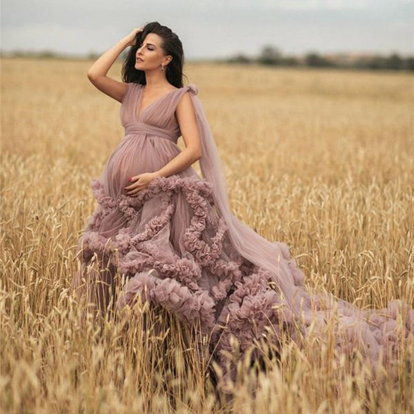 Abito da sera di maternità rosa polveroso Abiti per servizio fotografico o baby shower Ruffle Tulle Chic Abiti da donna Camicia da notte Scialle fotografico