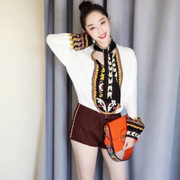 

two piece dress european catwalk v-neck streamer ethnic chiffon shirt + plaid shorts suit 42ys, White